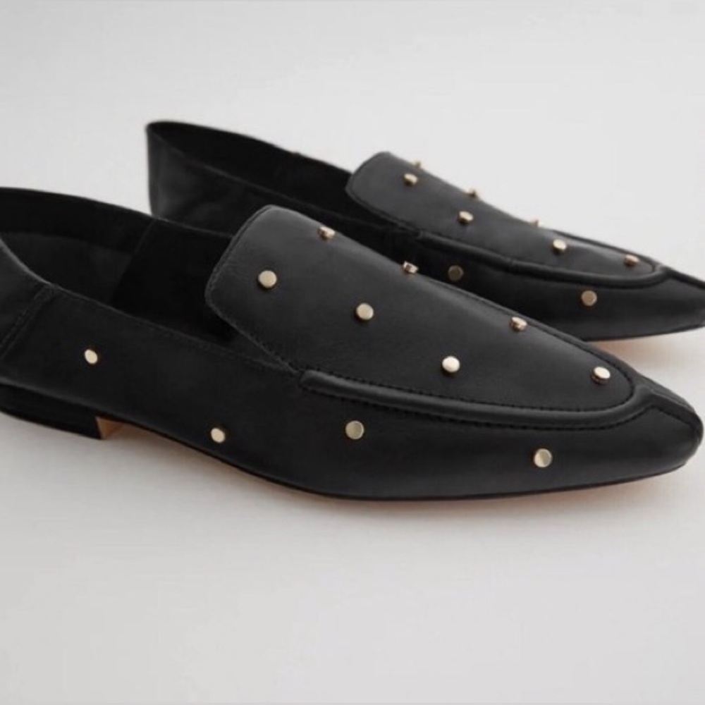 ZARA 100% LEATHER STUDDED FLAT LOAFERS / MULES